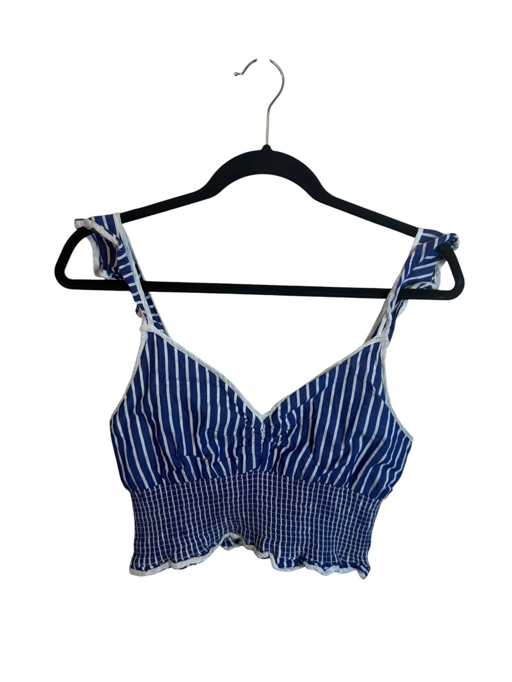 Pookie & Sebastian Blue Striped Smocked Flutter Sleeve Nautical Crop Top